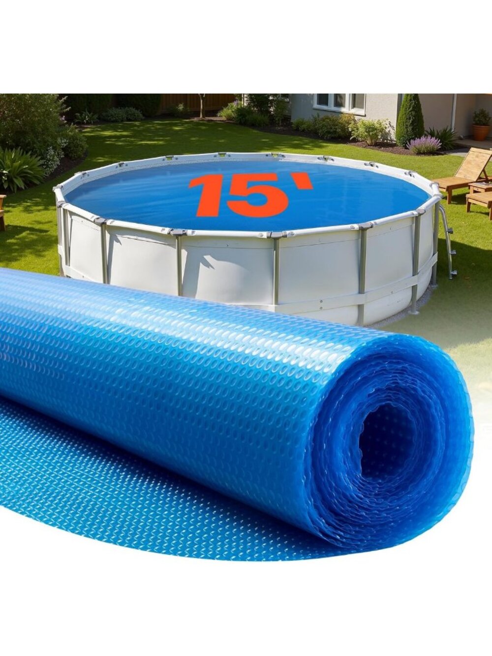 15 ft Round Solar Pool Cover Blanket - 12 Mil Bubble Design for Heat Retention